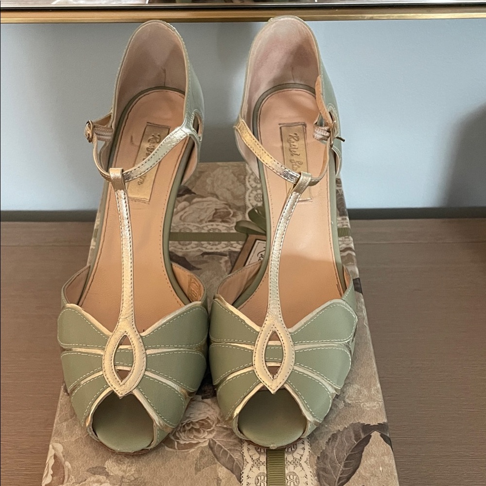 Rachel Simpson Sage Green and Cream T-Strap Heels